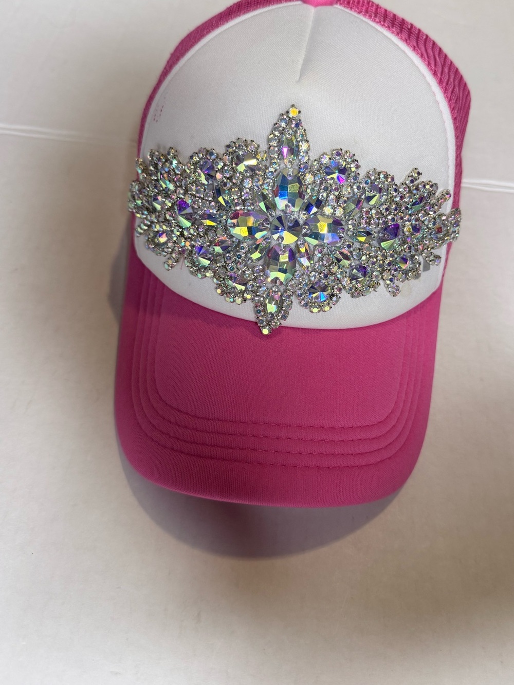 Pink and White Crystal Accent Trucker Hat